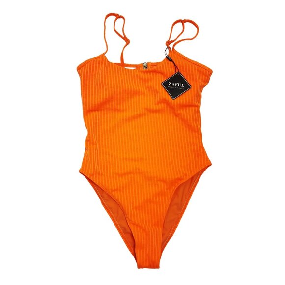 Zaful Ribbed Orange One-Piece Swimsuit With Adjustable Straps Back Zipper Size S - Picture 1 of 6